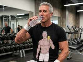 A muscular gray-haired man taking a selfie