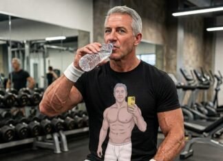 A muscular gray-haired man taking a selfie