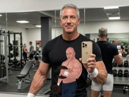 A bodybuilder daddy training with dumbbells