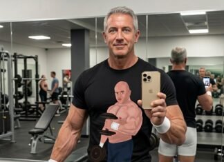 A bodybuilder daddy training with dumbbells